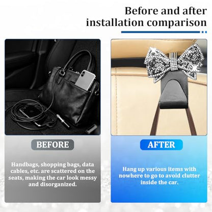 2PCS Bling Bow Car Seat Headrest Hook, Lovely Crystal Rhinestone Back Seat Storage Organizer for Handbag Purse Coat, Girly Sparkling Diamond Backseat Bag Hanger Holder, Universal Fit (Black) - color: Black