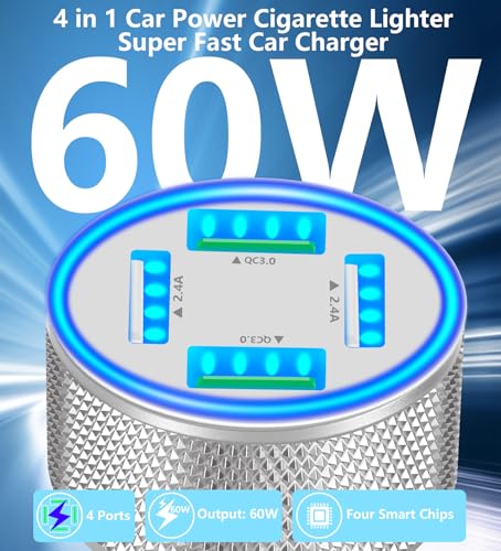 USB Car Charger, Stuffcool 60W Dual USB-A + QC3.0 Power Cigarette Lighter Adapter 4-Port Car Charger Carplay Fast Charging for iPhone 17 17 Pro Max 16 15 14 13 12/Galaxy S26 S25 S24 S23/Pixel 9 8/iPad - color: Matte Silver