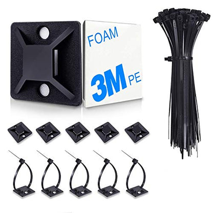 HUASAI 4/5" 100 Pack Zip Tie Mount With Cable Ties,Self Adhesive-backed Mounts for Wire Holder, Black Cable Management Clips Wall Anchors - color: Black