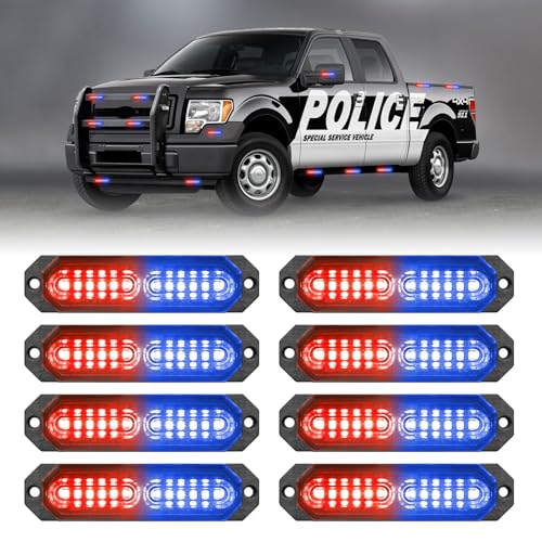 HLauto 1200T Emergency Strobe Grille Lights: 8pcs 12 LED Sync Feature Safety Warning Flashing Lights, Ultra Slim Surface Mount Hazard Caution Lights for Trucks, Vehicles, Car, ATV, UTV (Red Blue) - color: Red/Blue