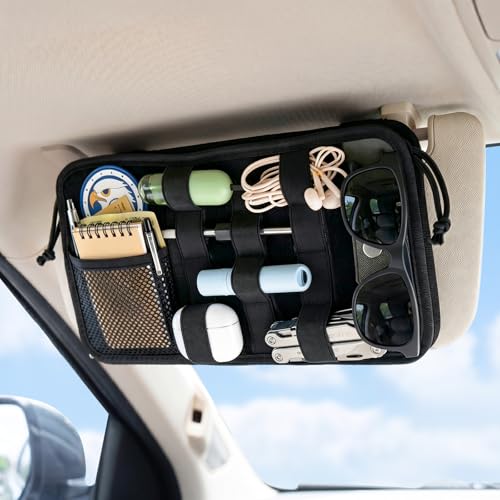 TICARVE Car Sun Visor Organizer, Multi-Pocket Visor Organizer Storage Pouch, Heavy Duty Molle Panel with Double Zippers, Elastic Bands & Glasses Clip, Tactical Storage Pouch for Cars, SUVs, Trucks - size: 1 Pack