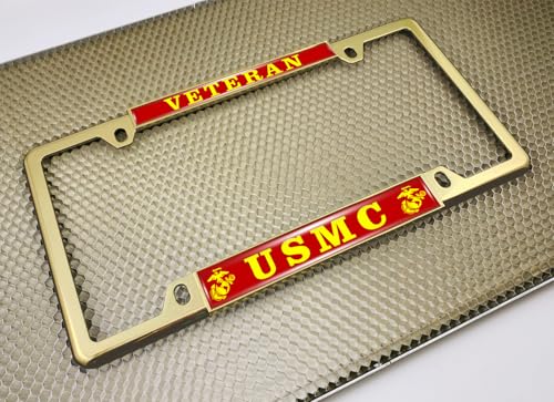 [Officially Licensed US Marine Corps Product] - Veteran USMC with EGA Emblem - Domed Custom-Made Personalized Thin Top 4-Hole Metal Car License Plate Frame with Free caps - Gold Frame (Qty: 1) - color: Gold - Style 2
