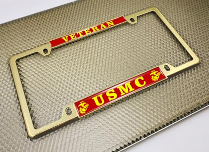 [Officially Licensed US Marine Corps Product] - Veteran USMC with EGA Emblem - Domed Custom-Made Personalized Thin Top 4-Hole Metal Car License Plate Frame with Free caps - Gold Frame (Qty: 1) - color: Gold - Style 2