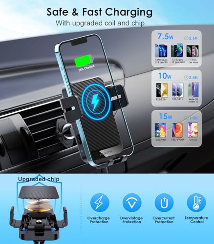 Wireless Car Charger, MOKPR 15W Fast Charging Auto-Clamping Car Charger Phone Mount Air Vent Cell Phone Holder Compatible iPhone 16/15/14/13/13 Pro/12 pro/12/11, Samsung Galaxy S23/S22/S21/S20, etc - color: Black