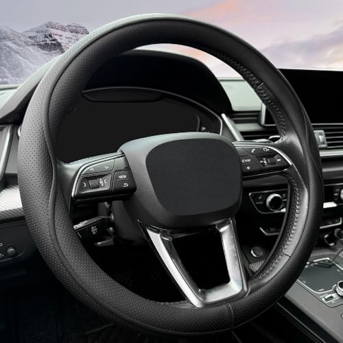 HAOTULE Leather Steering Wheel Cover， with Anti-Slip Stripe Design - Enhanced Grip, Fashion Style, Safe, Non-Slip, Breathable. Upgrade car Interior，Black - color: Black