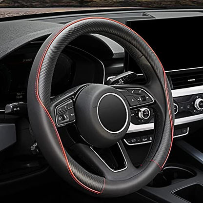 YHONGJT Soft Microfiber Leather Anti-Slip Car Steering Wheel Cover, Universal 15 Inch, Fit Vehicles, Sedans, SUVS, Vans, Trucks - Black with Red Line - color: E-Black with Red Line