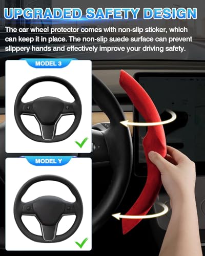 Shademax Custom-Fit for Tesla Steering Wheel Cover, Tesla Model Y/3 2017-2025 2026 (Fit Model Y Juniper 2026/ Model 3 Highland) Suede Steering Wheel Cover Non-Slip,Tesla Model Y/3 Accessories (Red) - color: Red