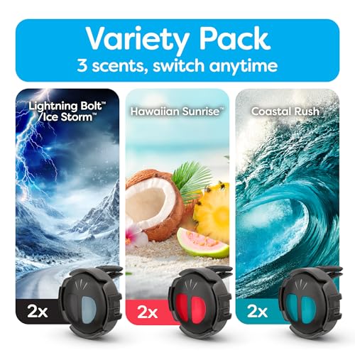 Refresh Your Car Mini Diffuser Car Air Fresheners Variety Pack, Lightning Bolt/Ice Storm, Hawaiian Sunrise, and Coastal Rush Scents, 6 Pack - size: 6 Count (Pack of 1)