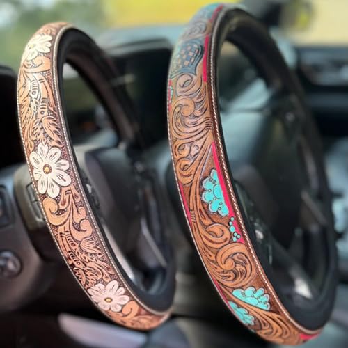 Western Cowboy Steering Wheel Cover Leather, Retro Car Tooled Leather Steering Wheel Cover, Embossed Hand-Painted Universal Anti-Slip - color: L Color