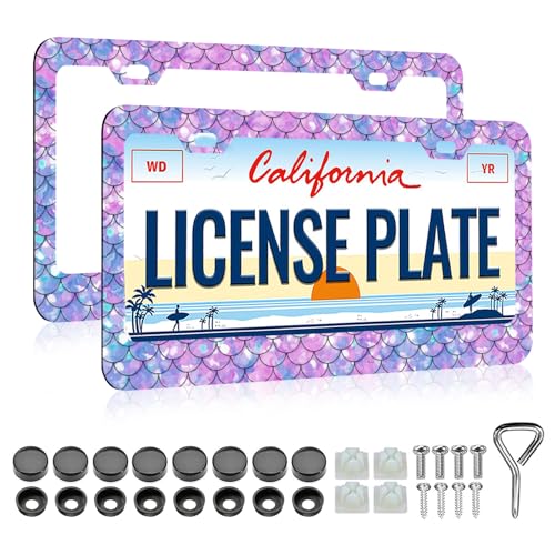Mermaid Fish Scales License Plate Frame - 2 PCS Colorful Pink Purple Aluminum Metal License Plate Frames Holder Covers, Rust-Proof Waterproof Car Decorative Tag Frames for Standard Us 12x6 Inch - color: Mermaid Fish Scales
