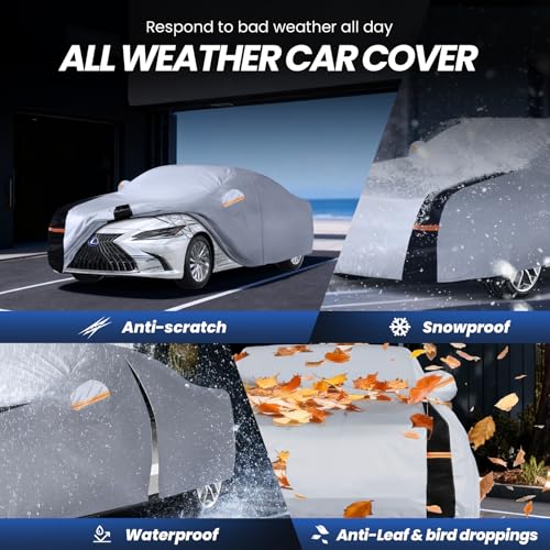 Sedan Car Cover 100% Waterproof All Weather, 10 Layers Outdoor Car Covers for Automobiles - Sun & Rain Protector Full Exterior Covers. Custom Fit Lexus ES, Ford Taurus, Audi A6, Cadillac XTS, etc. A3 - size: A3 Fit Sedan 193"-203" (See Size Chart)