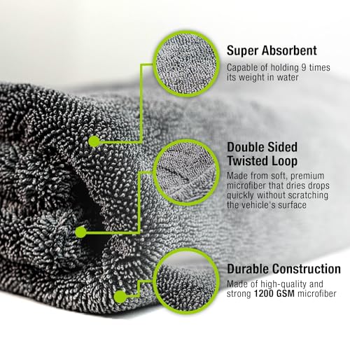 ExoForma Mega Car Drying Towel - Holds Up to 9 lbs, No Streaks, Scratches, or Water Spots | 1200 GSM Microfiber Double Twist Pile & Edgeless Design, 1 Quick & Effortless Dry, 2 Pack - 24” x 36” - size: Pack of 2