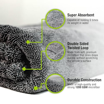 ExoForma Mega Car Drying Towel - Holds Up to 9 lbs, No Streaks, Scratches, or Water Spots | 1200 GSM Microfiber Double Twist Pile & Edgeless Design, 1 Quick & Effortless Dry, 2 Pack - 24” x 36” - size: Pack of 2