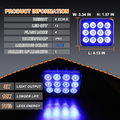 2PCS Rechargeable Flashing Lights for Vehicles, 12-Led Blue Emergency Strobe Lights, Battery Powered Strobe Caution Warning Beacon Lights with Magnetic for Trucks Trailers Car ATV Van RV SUV - color: Blue