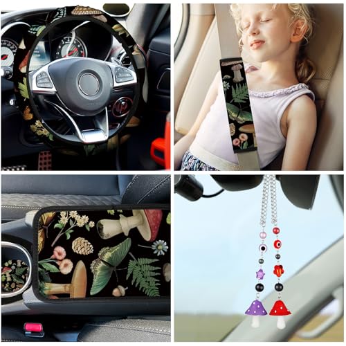 Riakrum 17 Pcs Mushroom Car Seat Covers Mushroom Car Accessories Full Set for Women Men Automotive Rear Front Seat Protector View Mirror Hanging Ornament Steer Wheel Belt Cover (Butterfly Mushrooms) - style: Butterfly Mushrooms