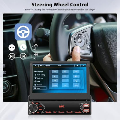 Inefala Single Din Touchscreen Radio 7'' Flip Out Screen Car Stereo with Bluetooth USB Type C Fast Charge Car Audio Receiver Backup Camera SWC FM MIC TF AUX in EQ - style: 7'' No CarPlay Retractable