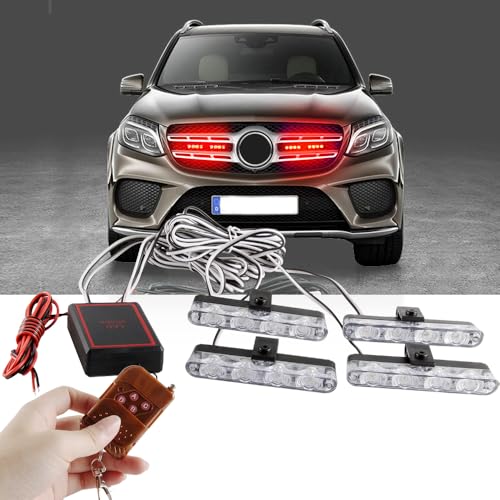 4 in 1 12V Emergency Strobe Warning Grille Lights Caution Flash Lights For Car Truck DRL Ambulance Police Lights Remote Control Wireless-Red - color: red, size: 4 in 1