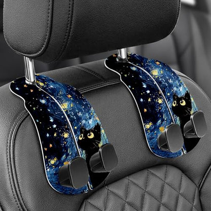 WOCOCN 2 Pack Car Purse Hook for Car Seat Headrest, Double-Sided PrintingPU Leather Purse Holder with Metal Hook, Cute Car Accessories for Women, Men (Car hook - Blue Starry Sky Cat A) - color: Car hook - Blue Starry Sky Cat A