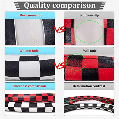 Evankin Lattice Leather Steering Wheel Cover, Black and White Checker Car Accessories, Non-Slip and Comfortable Unisex Universal Steering Wheel Cover 15 inch for Women Men (Black and White Checker) - color: leather Black and White Checkered