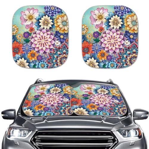 Colorful Flowers Windshield Sun Shade Foldable 2-Piece Car Sunshades Car Interior Accessories Sun Protection for SUV Truck Van Sedans Auto Interior Protector 28.5 x 25.5 inches - color: Colorful Flowers
