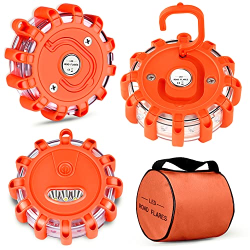 Tobfit 3 Pack LED Road Flares Emergency Lights Roadside Safety Beacon Disc Flashing Warning Flare Kit with Magnetic Base & Hook for Car Truck Boats | 9 Flash Modes (Batteries Not Included) (3) - color: 3 Sets