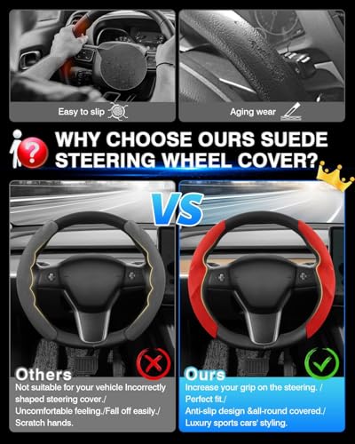 Shademax Custom-Fit for Tesla Steering Wheel Cover, Tesla Model Y/3 2017-2025 2026 (Fit Model Y Juniper 2026/ Model 3 Highland) Suede Steering Wheel Cover Non-Slip,Tesla Model Y/3 Accessories (Red) - color: Red