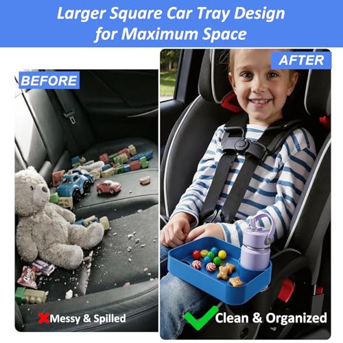 Car Seat Snack Tray for Kids, Mess-Free Square Travel Tray Cup Holder Snack Tray, Durable Car Food Tray for Toddlers, Universal Fit Kids Travel Road Trip Essentials (blue) - color: blue