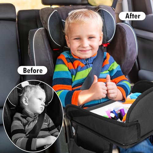 Kids Travel Tray for Car Seat, Toddler Road Trip Essentials With Drawing Kit, Travel Activities Must Haves (Black) - color: Black