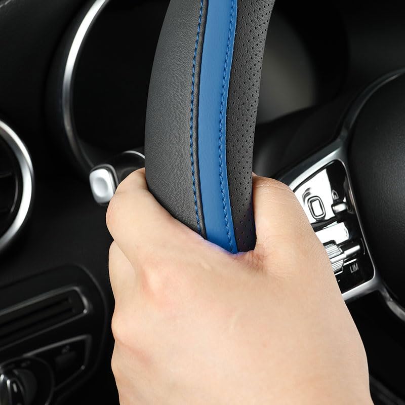 Car Steering Wheel Cover, Leather Steering Wheel Cover Blue Universal 14.5-15 Inch Microfiber Leather Anti-Slip Breathable Auto Steering Wheel Covers for Men Women (Black&Blue-2) - color: Blue-2A
