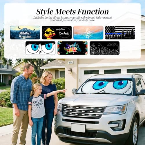 63"x28.5" Car Windshield Sun Shade with Storage Pouch, Stylish Printed Front Window Sunshade with Double Ring Frame, Universal Fit Foldable Heat Blocker & UV Protector for SUV, Sedan (Eyes) - color: Eyes