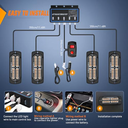 Nilight 4PCS LED Strobe lights 12V 24V Sync Feature Amber 24LED Emergency Hazard Warning Lights with Controller Hard Wire or Cigarette Lighter Plug for Car Truck RVs Campers - color: Amber w/Controller