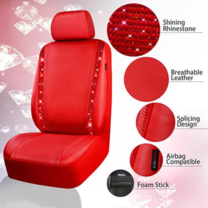 CAR PASS Bling Diamond Car Seat Covers Full Set, Shining Rhinestone Waterproof Faux Leather, Rear with Zipper, Universal Fit Automotive Glitter Crystal Sparkle Strips for Cute Women Girl, Red - color: Red Leather, size: Full Set