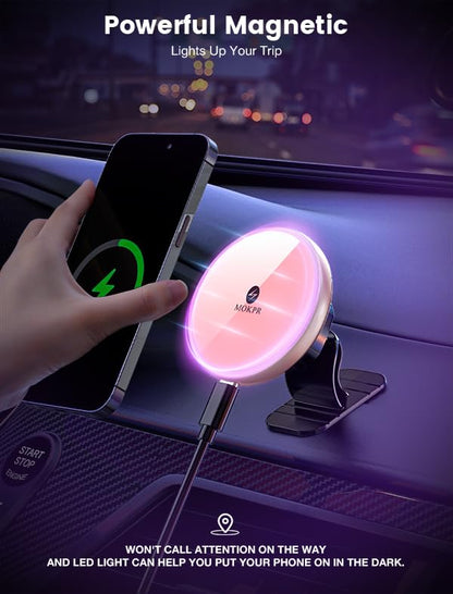 MOKPR for Magnetic Car Mount Charger-15W Wireless Car Charger-Magnetic Car Phone Holder for Dash Air Vent-LED RGB HandsFree Car Mount Fast Car Charger for iPhone 16 15/14/13/12 Pink - color: Pink