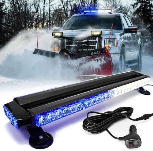 26'' 54 LED Emergency Strobe Rooftop Flashing Light Bar, Double Side Hazard Warning Beacon Safety Lights w/Magnetic for Tow Vehicles Firefighter Cars Trucks Traffic Security,White & Blue - color: White & Blue, size: 26''