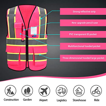AYKRM Security Vest for Men Women 7 Pockets High Visibility Reflective Safety Vest Front Zipper Meets ANSI/ISEA - color: Pink-breast Cancer, size: Medium