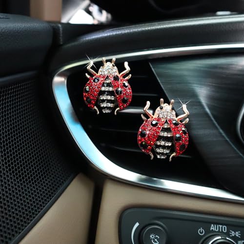 ORIESSE Ladybug Car Accessories,2pcs Red Bling Lady bug Air Vent Clips Car Air Freshener,Cute Dashboard Decorations Gift for Women,Girly Refillable Diffuser with Felt Pads