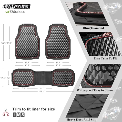 CAR PASS Bling Diamond Rubber Car Mats, Heavy Duty Deep Dish All-Weather Floor Mat Full Set Anti-Slip 3D Rhombus Waterproof Trim to Fit Liner Universal Glitter Sparkly Shining Rhinestone, 3 Pcs Red - color: Red Diamond