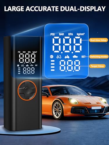 Tire Inflator Portable Air Compressor, 150PSI Cordless Tire Pump with USB Output, 12V DC Car Plug & Dual Power 6000mAh, Fast Inflation Air Pump for Cars, Bikes, Motorcycles and Balls