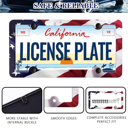 LIN KANG American Flag License Plate Frame Holder - 2 Pack Patriotic Universal Aluminum Matte Stripe US Flag Gloss Car Plate Frame Covers Accessory with 4 Holes and Screws Fasteners Caps - color: Matte American flag 4 Holes B