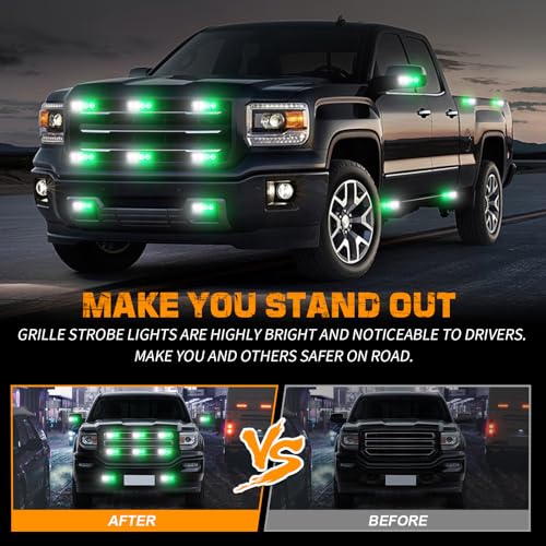 XRIDONSEN 8PCS Sync Grill Emergency Lights 32 LED Green White Firefighter Lights Grille Surface Mount Strobe Flashing Warning Safety Hazard First Responder Light for Vehicles POV Fire Fighter Trucks - color: Green/White