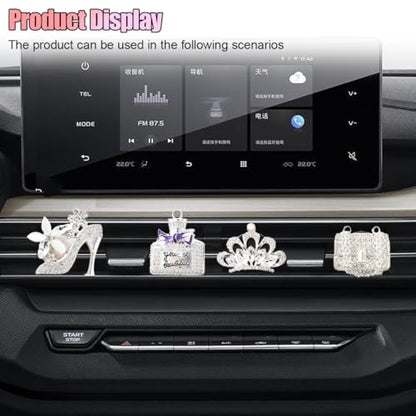 4PCS Bling Car Air Vent Clip, Crystal Rhinestone Heels Bag Crown Perfume Bottle Dashboard Air Vent Trim Clips, Car Interior Outlet Diffuser Decoration Accessory for Women (Silver) - size: Silver