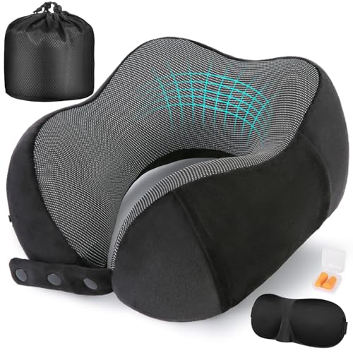 Cirorld Neck Pillow for Traveling, Travel Pillows for Airplanes,100% Pure Memory Foam Travel Neck Pillow, Adjustable Flight Pillow, Portable Plane Accessories with Eye Mask, Earplugs, Carry Bag - color: Black