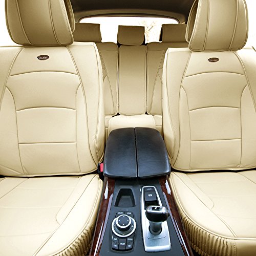 FH Group Ultra Comfort Highest Grade Faux Leather Full Set Cushion Pads Car Seat Covers for Front and Rear- Fit Most Car, Truck, SUV, or Van (Solid Beige) - color: Solid Beige, style: Full Set