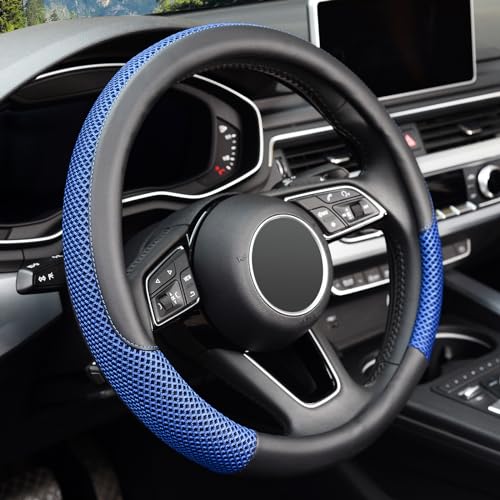 KAFEEK Steering Wheel Cover, Universal 15 inch, Microfiber Leather Viscose, Breathable, Anti-Slip,Warm in Winter and Cool in Summer, Black&Blue - color: blue, size: Standard Size[14.5"-15"]