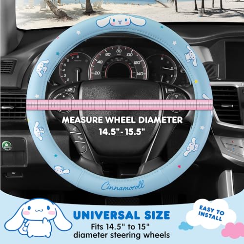 Sanrio Cinnamoroll Car Trunk Organizer & Steering Wheel Cover Set – Cute, Non-Slip, Soft Grip Car Accessories for Women – Collapsible Storage Bin for Groceries, Tools & Travel – 12.5"L x 12.5"W x 9"H - style: Set Cinnamoroll