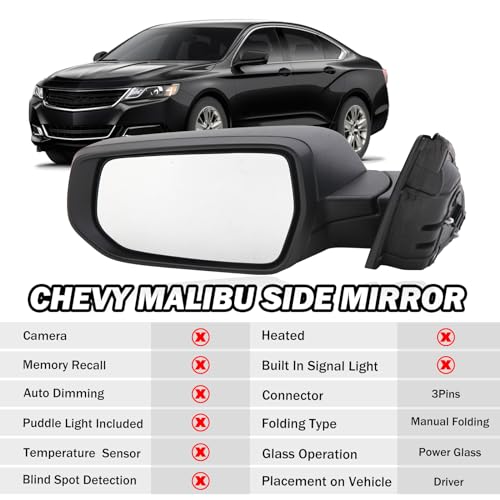 Driver Side View Mirror Compatible with Chevy Malibu 2016 2017 2018 2019 2020 2021 2022 Non Heated Without Signal Light Manual Folding LH - color: 3Pins-Textured Black, size: Left Driver Side