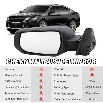 Driver Side View Mirror Compatible with Chevy Malibu 2016 2017 2018 2019 2020 2021 2022 Non Heated Without Signal Light Manual Folding LH - color: 3Pins-Textured Black, size: Left Driver Side