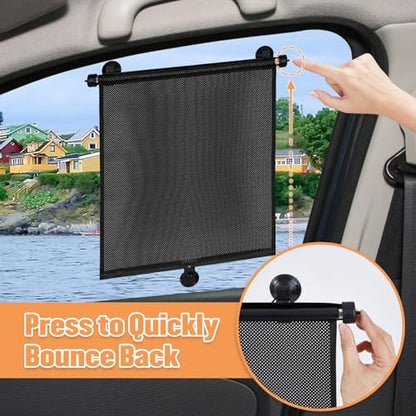 2 Pack Car Side Window Sun Shade - Retractable Car Roller Sunshadewith Reinforced Suction Cups, Drop Down UV Interior Sunshade, Stroller Window Sunshade (15" x 17")