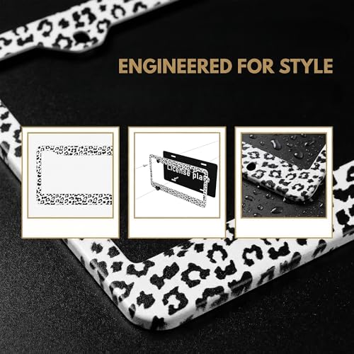 Snow Leopard License Plate Frame Snow Cheetah Animal Print License Plate Frames Car Aluminum Leopard Print Steering Wheel Cover with Us Ca Vehicles - color: Gray Leopard Print