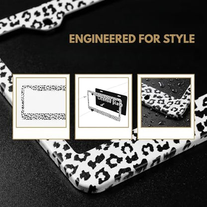 Snow Leopard License Plate Frame Snow Cheetah Animal Print License Plate Frames Car Aluminum Leopard Print Steering Wheel Cover with Us Ca Vehicles - color: Gray Leopard Print